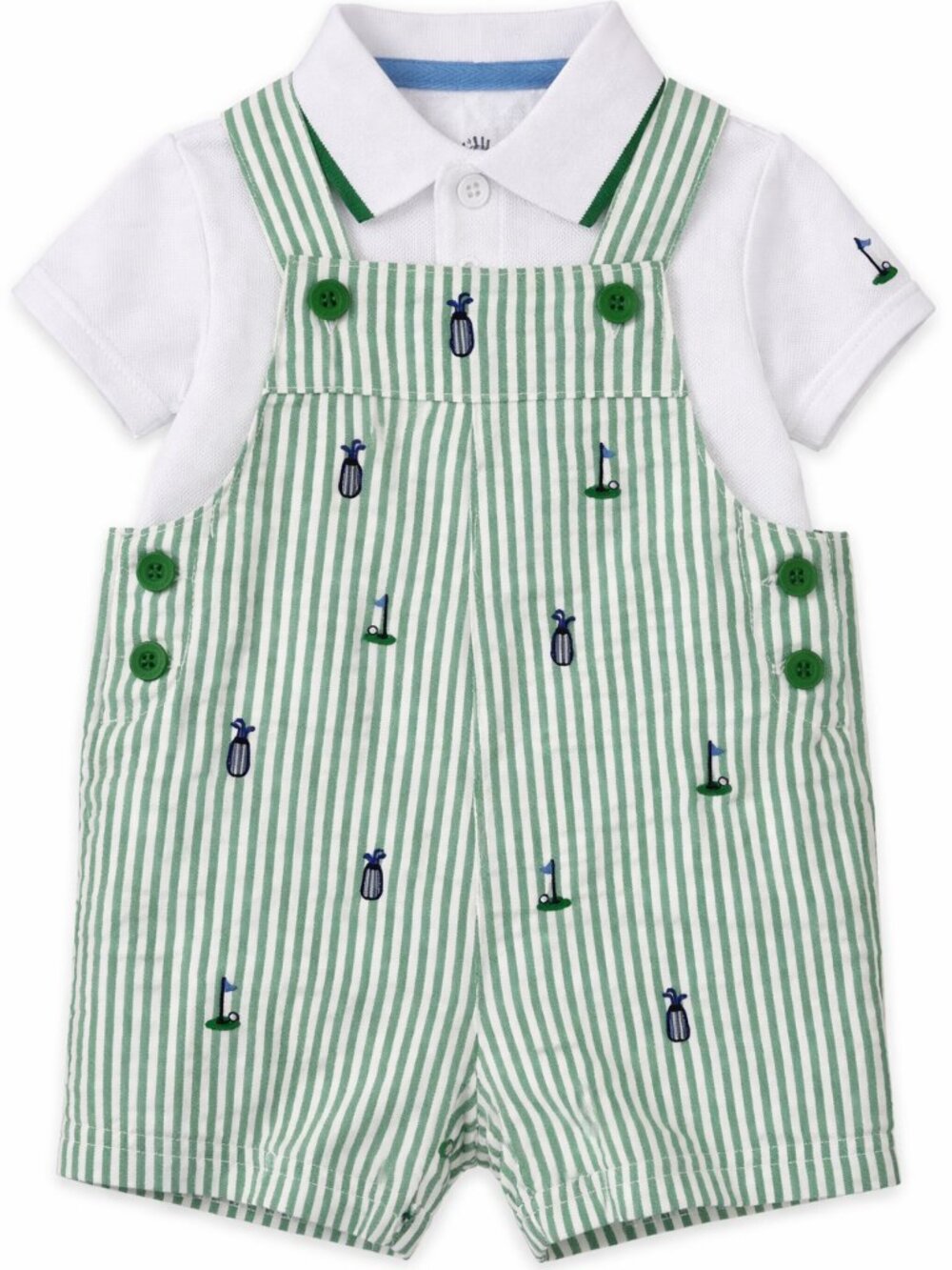 NWT Little Me Baby Boy 2 Piece Romper Set Green Seersucker Golf Shortall Outfit